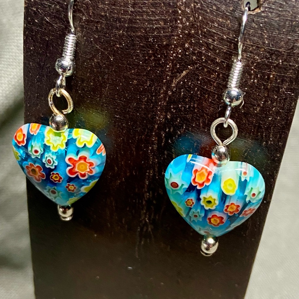Turquoise Blue Millefiori Heart Shaped Earrings